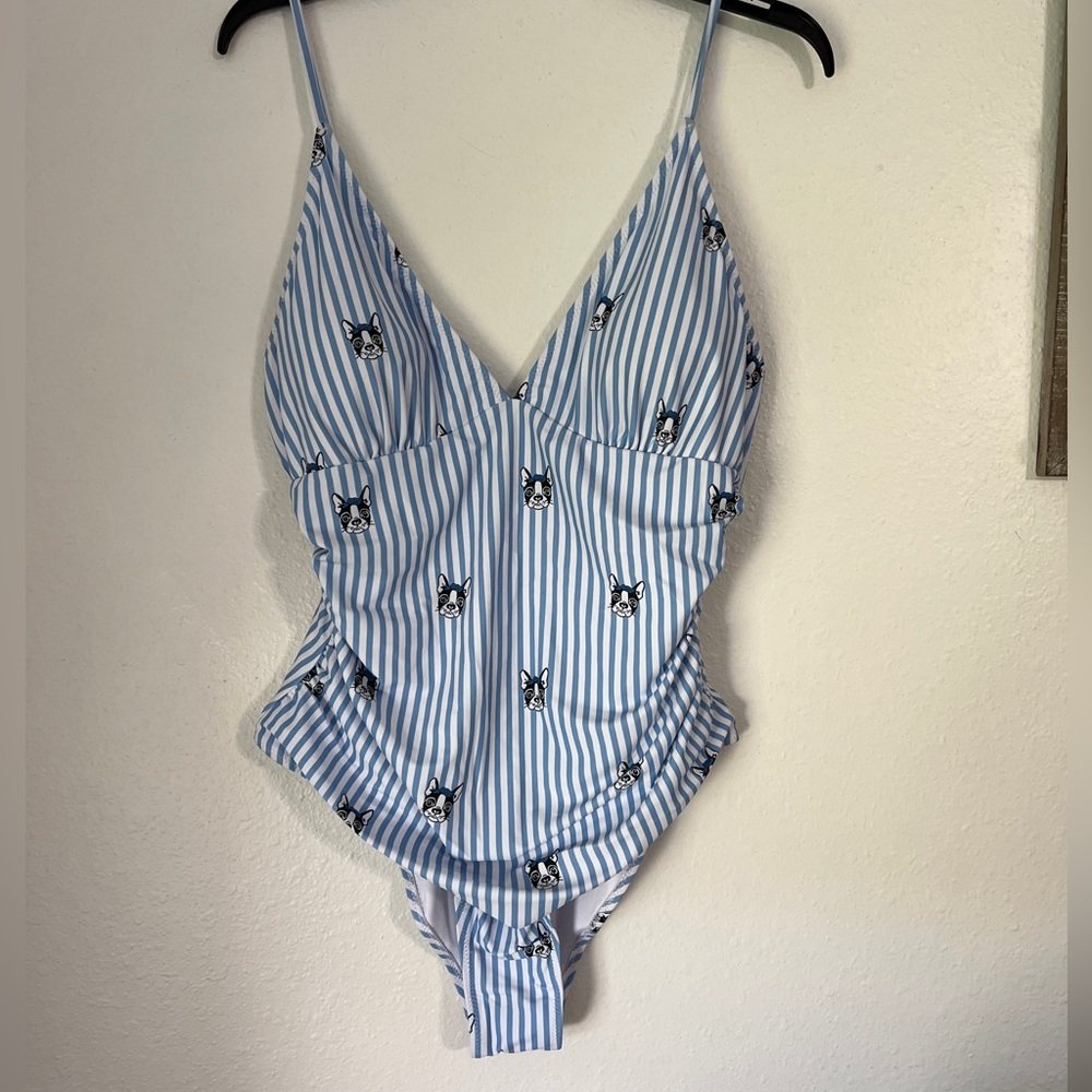 Phurro Brand One Piece Bathing Suit Pug Print Striped